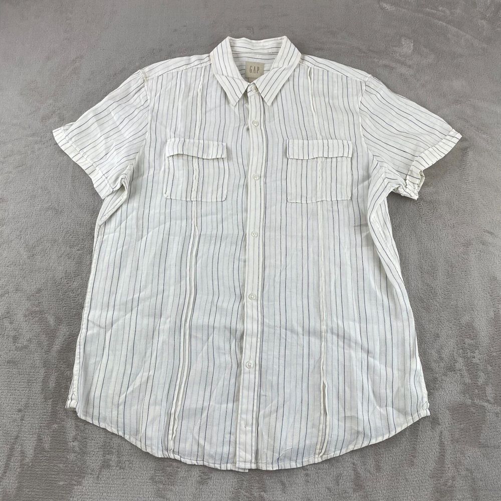 GAP Shirt Men XL White Striped 99% Linen Dual Pockets Short Sleeve Camp Vacation - Picture 2 of 16